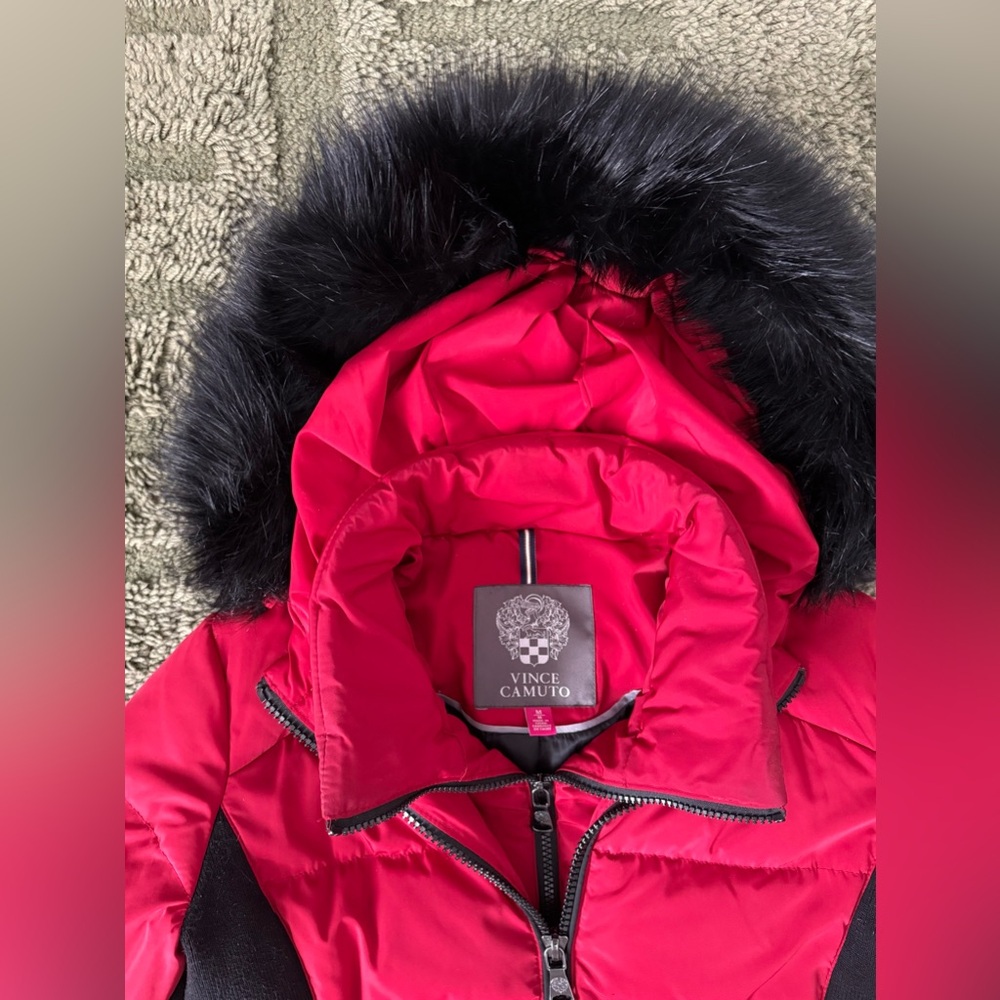 Vince Camuto Red Down & Feather Puffer Coat with Faux Fur Hood - Picture 2 of 8